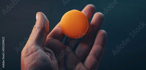 Wide format display of a neon orange round cream mockup in a dark hand.