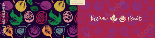 Pattern passion fruit seamless. Hand drawn granadilla illustrations. Colorful exotic fruits ornate print. Natural background for cosmetics, fruits puree or juice label. Vector tropical fruit banner.