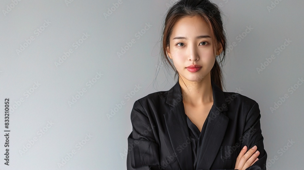 Professional Asian business woman standing with arms crossed against a plain white background Professional Asian business woman standing with arms crossed against a plain white background