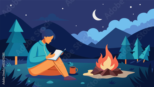 Under the peaceful cover of a cozy campfire someone sits with their journal and a flickering pen recounting their days adventures under the dreamy. Vector illustration