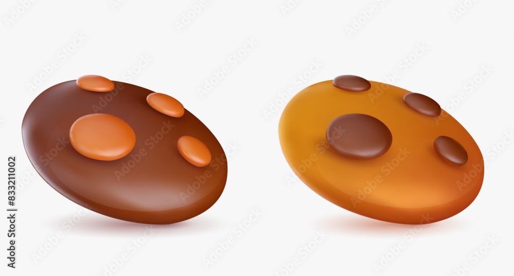 Fototapeta premium Set of round cookies with chocolate in realistic glossy 3d style. Bright cute dessert vector illustration.