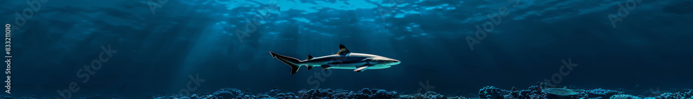 Fototapeta premium Lone Reef Shark Near Coral Bed with Sunlight Rays Underwater