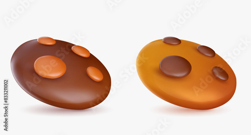 Set of round cookies with chocolate in realistic glossy 3d style. Bright cute dessert vector illustration.