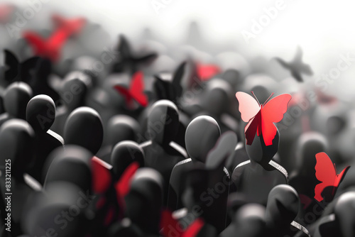 A group of people are surrounded by butterflies