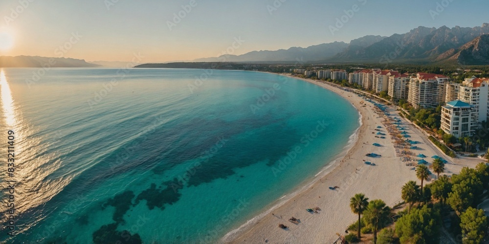Fototapeta premium A stunning, expansive view of the beach in the Turkish resort of Antalya. A white line of surf divides the tranquil turquoise sea from Konyaalti beach, adorned with lush green parks and framed