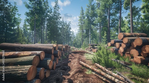 After clearing the forest cut down trees caber logs timber and lumber stacked in a pile photo