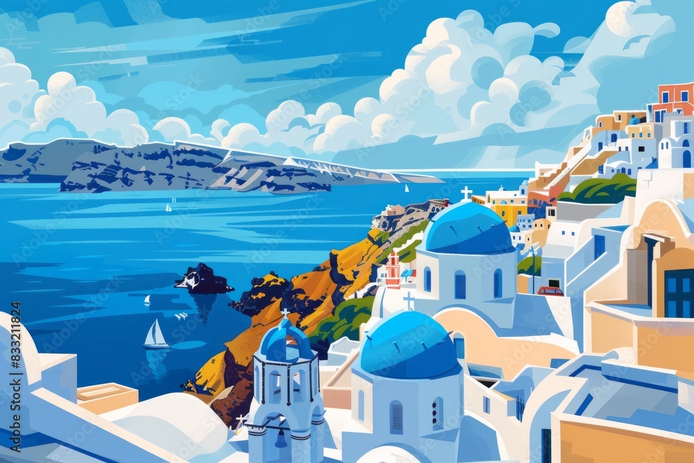 Fototapeta premium Illustration of Santorini City , Greece