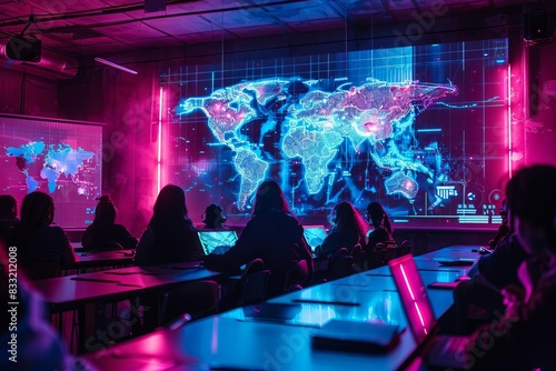 Students learning global data analysis in a futuristic classroom with illuminated world map projection.