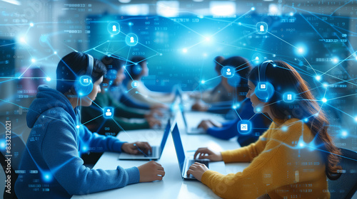 Cohesive group utilizes laptops for web surfing, studying, or working in unison