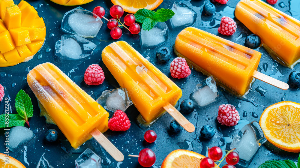 Yellow mango ice cream on a stone background with ice cubes, mint leaves, fruit slices and berries. Yellow mango ice cream on a stone background with ice cubes, mint leaves, fruit slices and berries.
