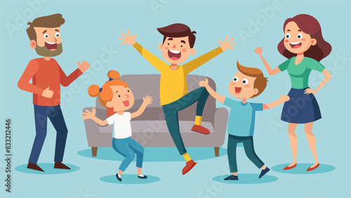 A lively game of Charades with each family member taking turns acting out hilarious scenarios and causing everyone to burst into laughter.. Vector illustration