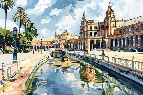 Illustration of Seville city, Spain, world travel photo