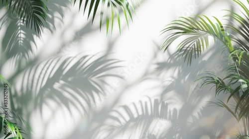 3D rendering of a white wall with shadows and green palm leaves on the left side. Generated AI