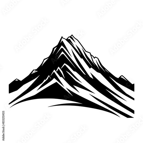 Black and White Mountain Peak Illustration, Stylized black and white illustration of mountain peaks with sharp edges and snow highlights, ideal for outdoor and adventure themes.
