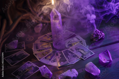 Arcane Ritual with Tarot Cards Laid in a Circle and Crystal Candle