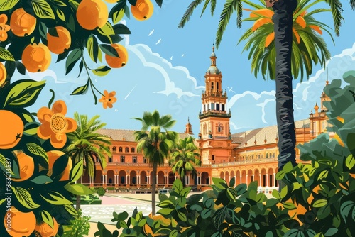 Illustration of Seville city, Spain, world travel