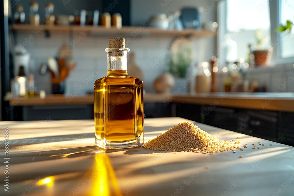 Sesame oil in a bottle stands next to sesame seeds on the table against the backdrop of a modern kitchen Sesame oil in a bottle stands next to sesame seeds on the table against the backdrop of a modern kitchen