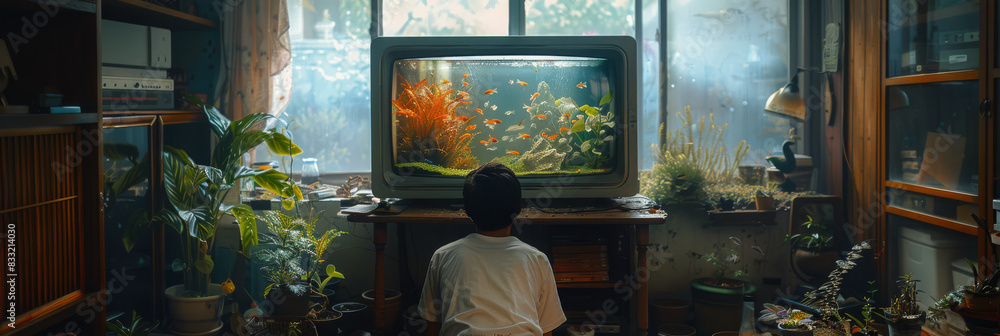 Tranquil Indoor Oasis with Fish Tank and Greenery Tranquil Indoor Oasis with Fish Tank and Greenery
