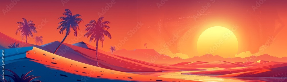 Fototapeta premium The photo shows a beautiful sunset over the ocean. The warm colors of the sky and the palm trees on the beach create a relaxing and peaceful scene.