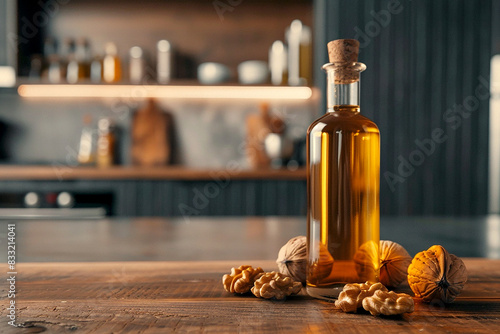 Walnut oil in a bottle stands next to walnuts on the table against the backdrop of a modern kitchen