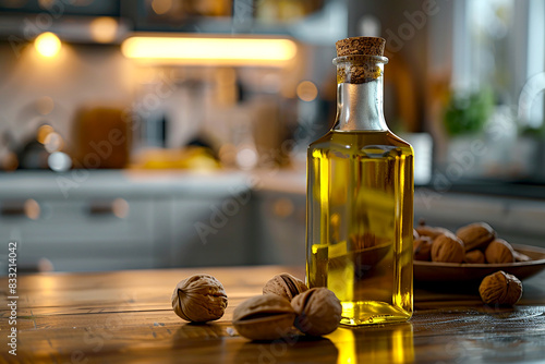 Walnut oil in a bottle stands next to walnuts on the table against the backdrop of a modern kitchen