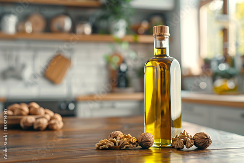 Walnut oil in a bottle stands next to walnuts on the table against the backdrop of a modern kitchen
