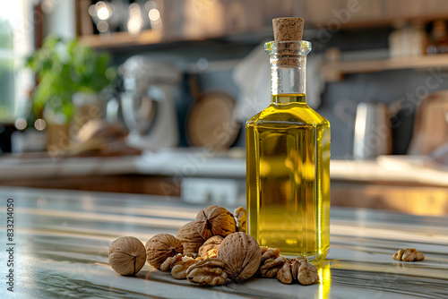 Walnut oil in a bottle stands next to walnuts on the table against the backdrop of a modern kitchen