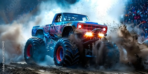 Spectators thrilled as monster truck demolishes cars at dirt arena. Concept Monster Truck Show, Motorsport Events, Car Demolition, Exciting Performances, Crowd Reactions photo