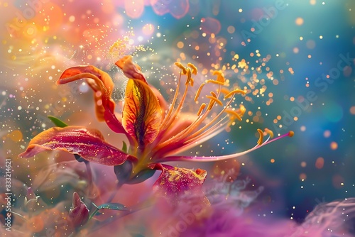 Vibrant pollen explodes in a swirling cloud.