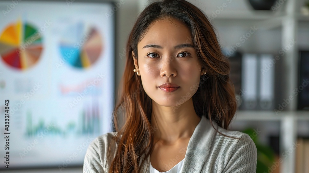 Present an Asian business woman standing beside a presentation screen with a chart, white background Present an Asian business woman standing beside a presentation screen with a chart, white background