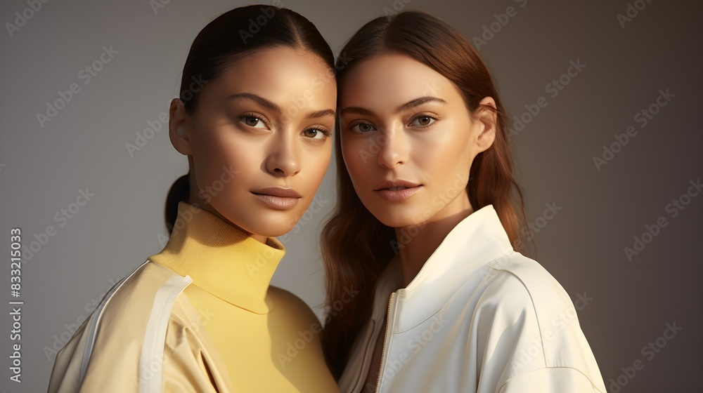 Elegant futuristic outfits worn by two women showcasing modern fashion trends Elegant futuristic outfits worn by two women showcasing modern fashion trends