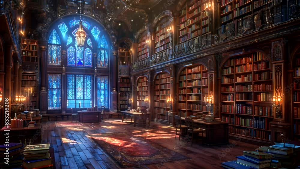 Grand library filled with books from the medieval era with simple lighting, international library day concept. Looping time-lapse video background Grand library filled with books from the medieval era with simple lighting, international library day concept. Looping time-lapse video background