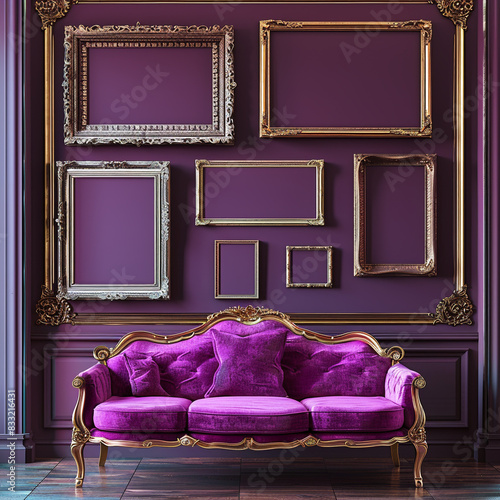 Deep plum wall in a gallery adorned with ornate blank frames.