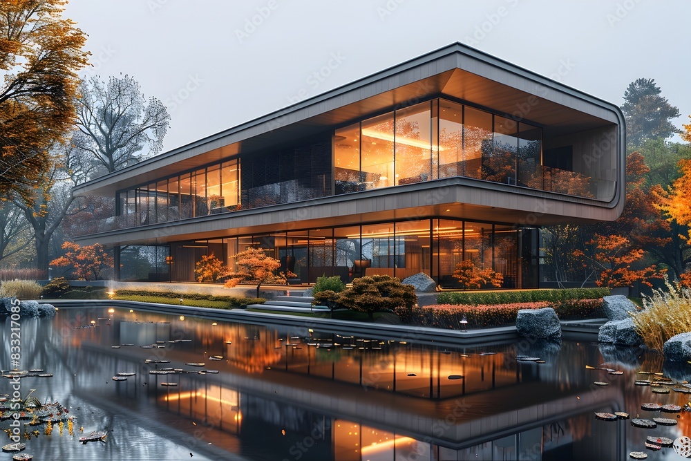 Serene Architectural Masterpiece Nestled Amidst Autumnal Splendor By the Lakeside Serene Architectural Masterpiece Nestled Amidst Autumnal Splendor By the Lakeside