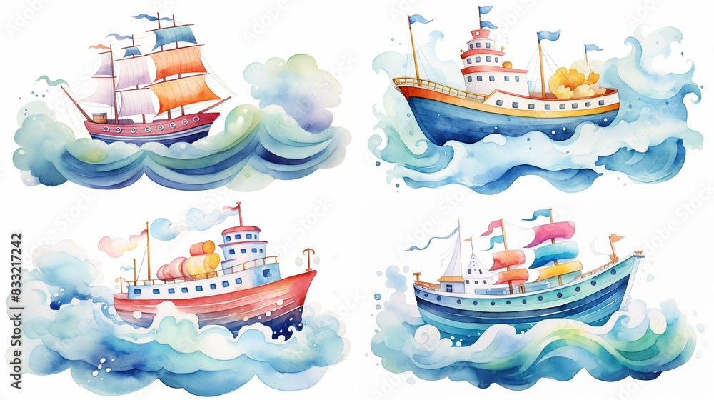 Set of 4 illustrations of a sailboats on a wavy sea, isolated on a white background. Ship on a waves. Watercolor depiction of a vessel and ocean waves with splashes. Colorful navy art for your design. Set of 4 illustrations of a sailboats on a wavy sea, isolated on a white background. Ship on a waves. Watercolor depiction of a vessel and ocean waves with splashes. Colorful navy art for your design.