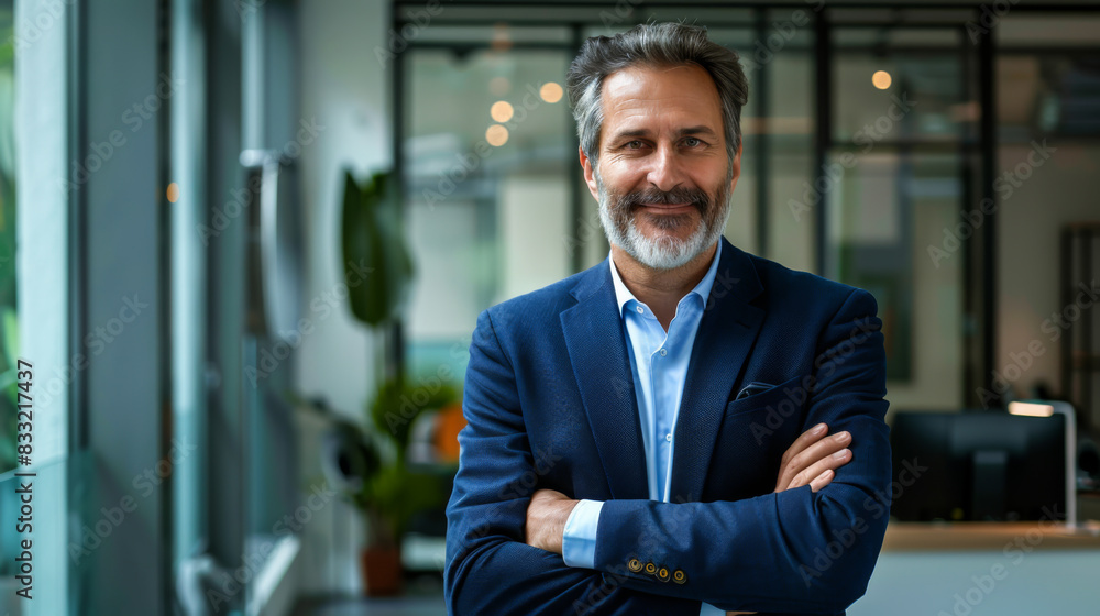 Smiling man in an office suit in a modern office office. Stately male office employee with crossed arms indoors. Smiling man in an office suit in a modern office office. Stately male office employee with crossed arms indoors.