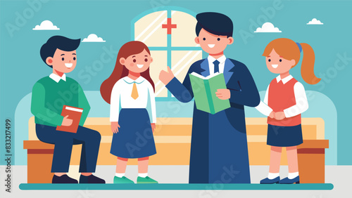 Two students stand at the front of the class roleplaying a mock confirmation ceremony as their classmates take notes.. Vector illustration