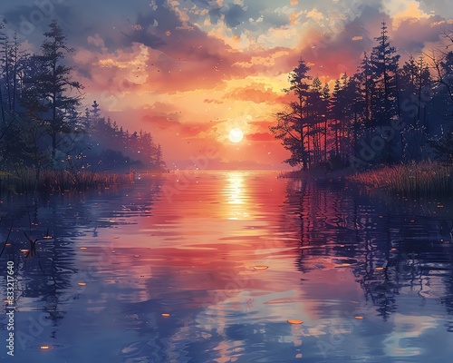Tranquil sunset over a still lake, painting