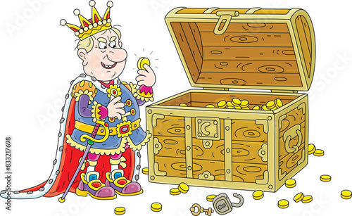 Greedy king counting gold coins in his old chest from royal tax collection, vector cartoon illustration isolated on a white background