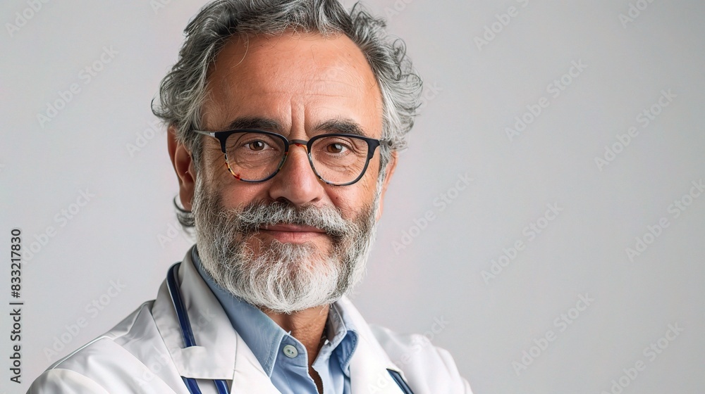 Professional portrait on a white background of a male urologist in lab coat Professional portrait on a white background of a male urologist in lab coat