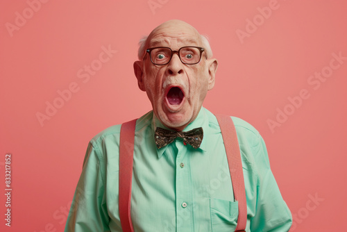An old man with glasses and suspenders is making a surprised face. Concept of humor and lightheartedness, as the man's exaggerated expression photo