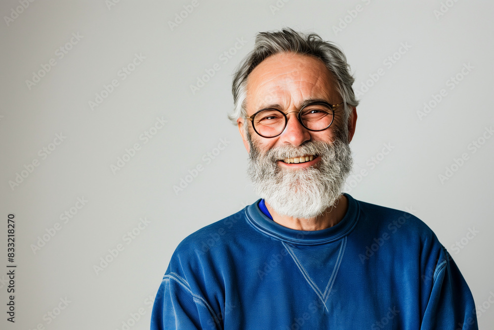 A man with a blue hoodie and glasses is smiling. He looks happy and content. Concept of warmth and friendliness A man with a blue hoodie and glasses is smiling. He looks happy and content. Concept of warmth and friendliness