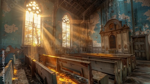 Abandoned church pews whisper tales of a bygone era  photo