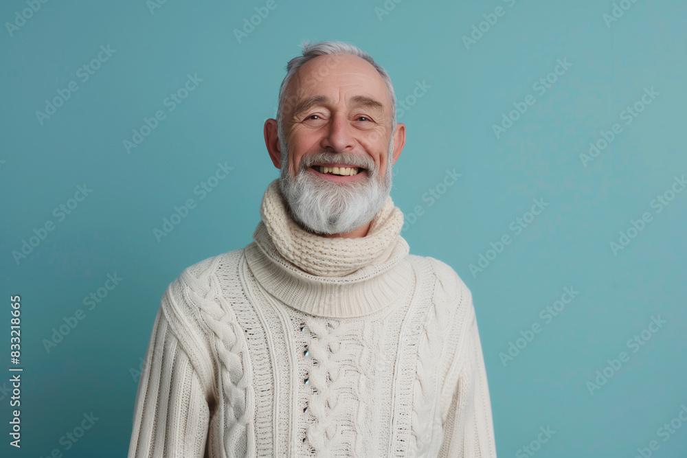 A man with scarf is smiling and posing for a picture. Concept of warmth and happiness, as the man is enjoying the moment and the company of the camera A man with scarf is smiling and posing for a picture. Concept of warmth and happiness, as the man is enjoying the moment and the company of the camera