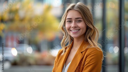 Professional woman smiling confidently, standing in a vibrant urban