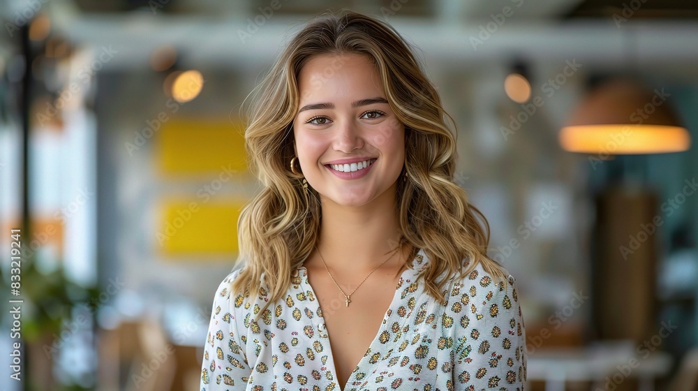 Obraz premium Professional woman smiling in a colorful, open office spac
