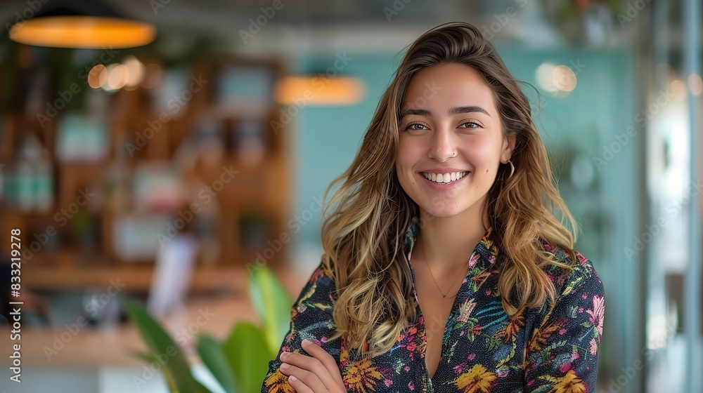 Professional woman smiling in a colorful, open office spac Professional woman smiling in a colorful, open office spac