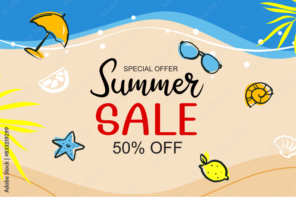 Summer sale banner cover template background. Summer beach discount special offer in hand drawn style. Summer sale banner cover template background. Summer beach discount special offer in hand drawn style.