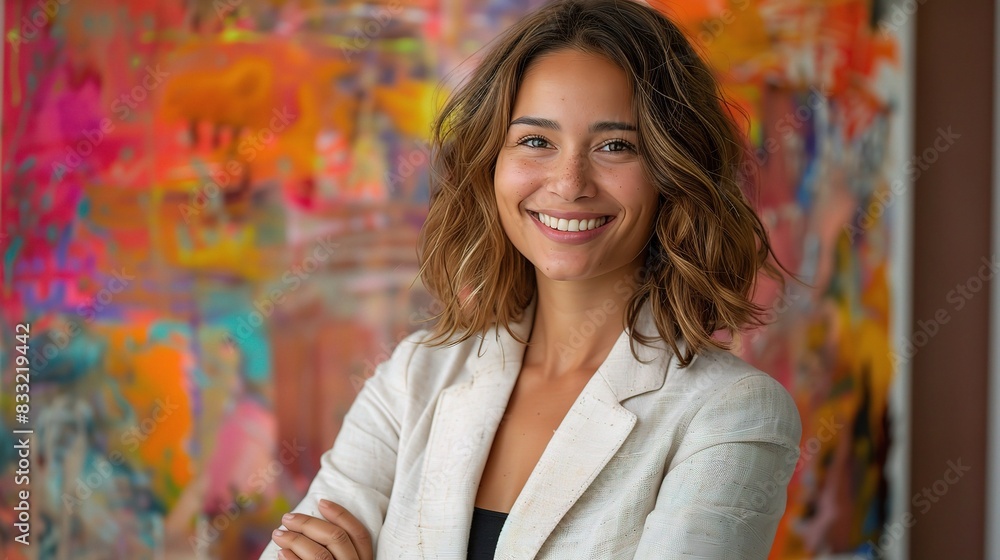 Professional woman smiling, standing in front of colorful Professional woman smiling, standing in front of colorful
