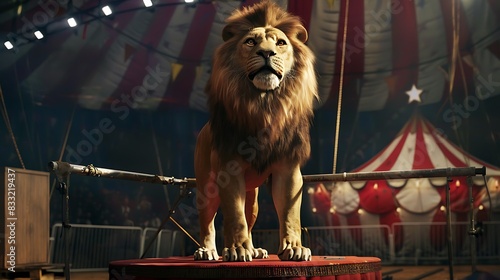 Lion standing while perform at the circus acts arena